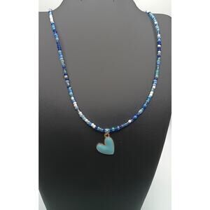 Blue Glass Seed Bead Necklace with Heart Pendant, Stainless Steel, 16–19"